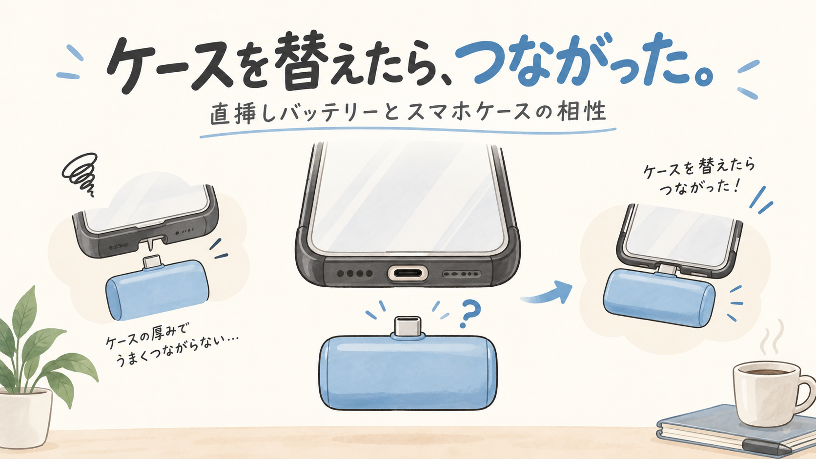 スマホケースと直挿しモバイルバッテリーの相性を描いた概念イラスト。実物の商品写真ではありません。